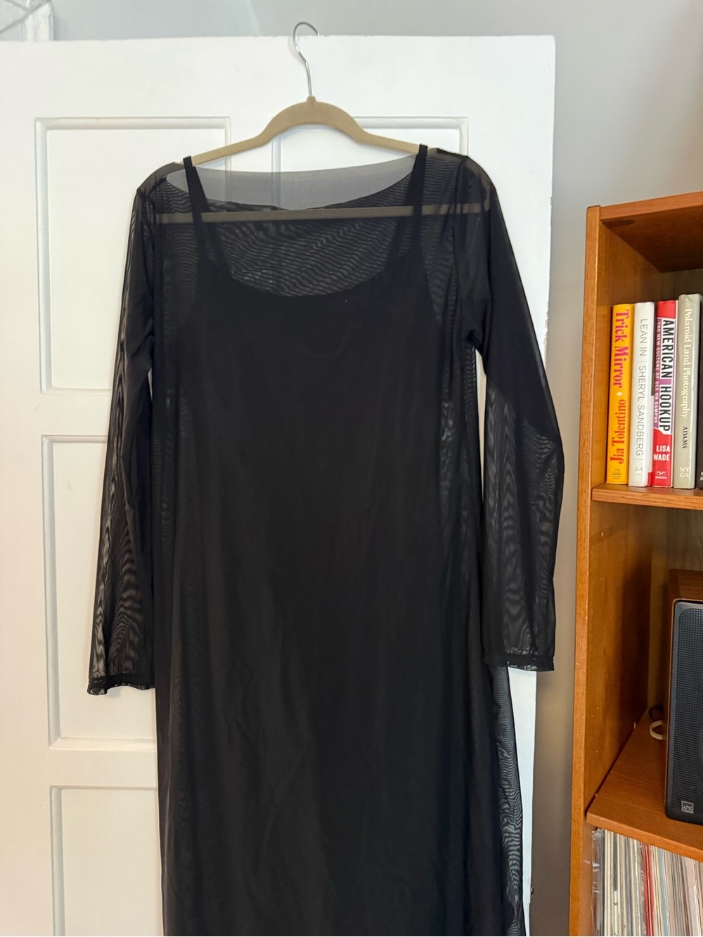 Black Long-Sleeve Maxi Dress with Sheer Overlay - built in shapewear